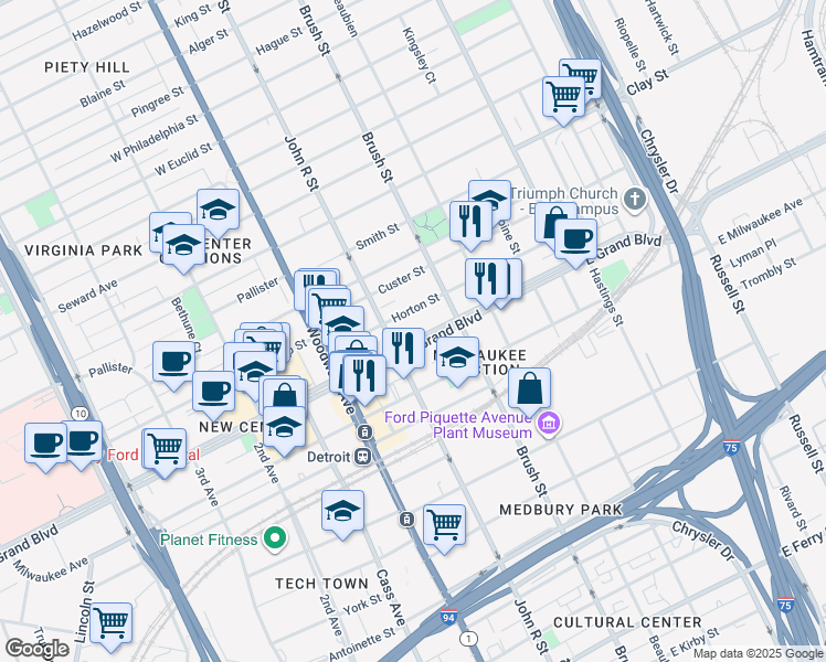 map of restaurants, bars, coffee shops, grocery stores, and more near 3004 East Grand Boulevard in Detroit