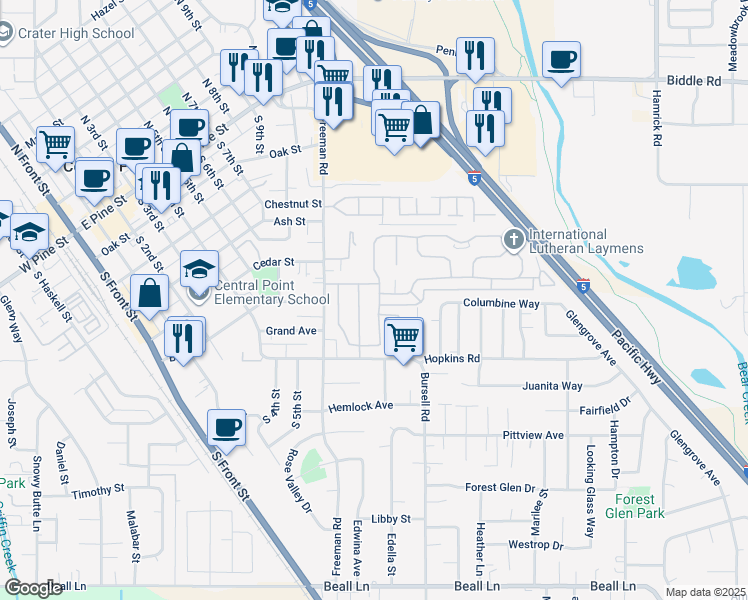 map of restaurants, bars, coffee shops, grocery stores, and more near 555 Freeman Road in Central Point
