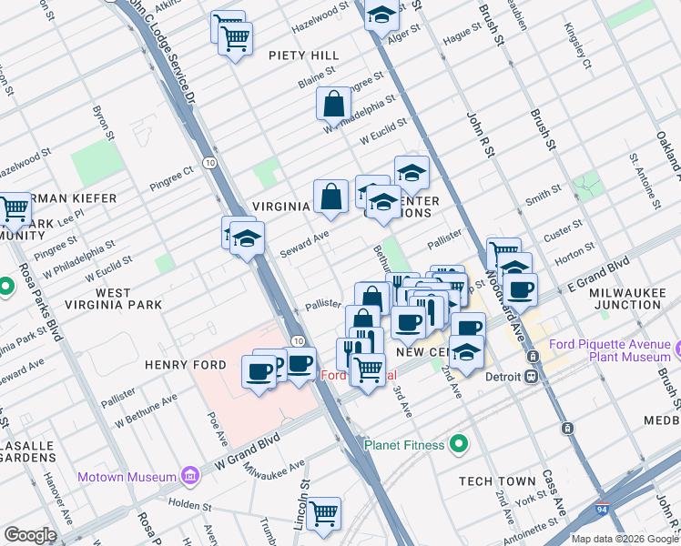 map of restaurants, bars, coffee shops, grocery stores, and more near 8006 3rd Avenue in Detroit