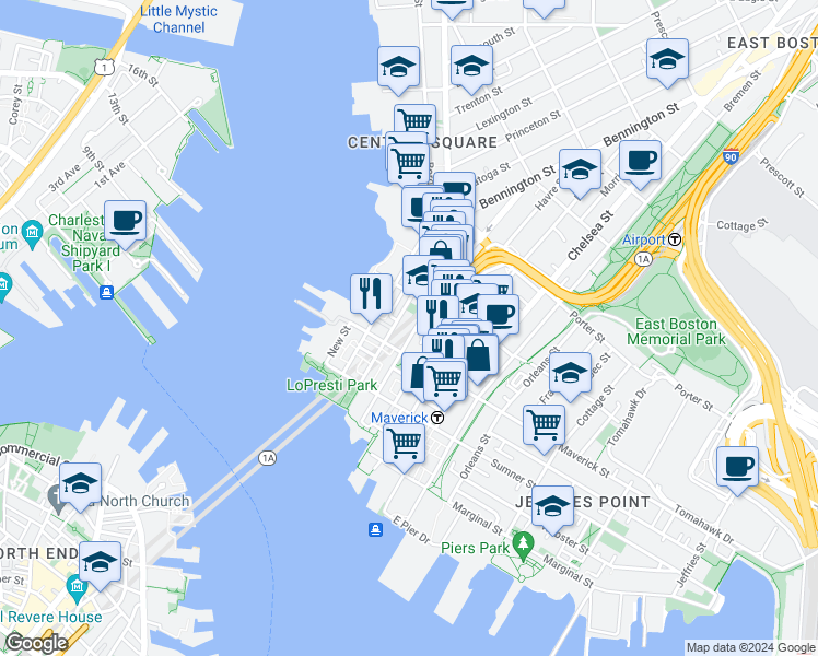 map of restaurants, bars, coffee shops, grocery stores, and more near 66 London Street in Boston