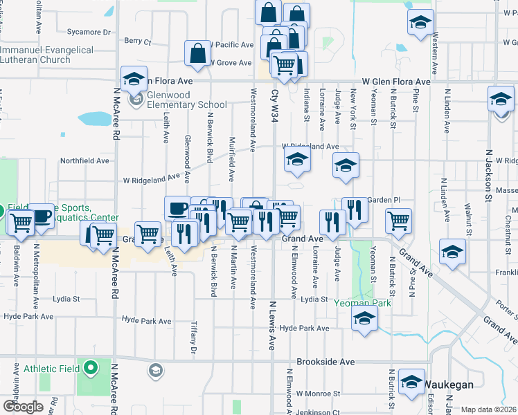 map of restaurants, bars, coffee shops, grocery stores, and more near 815 Westmoreland Avenue in Waukegan