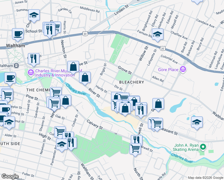 map of restaurants, bars, coffee shops, grocery stores, and more near 42 School Avenue in Waltham