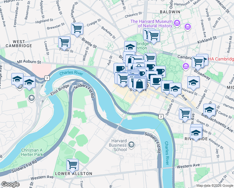 map of restaurants, bars, coffee shops, grocery stores, and more near 975 Memorial Drive in Cambridge