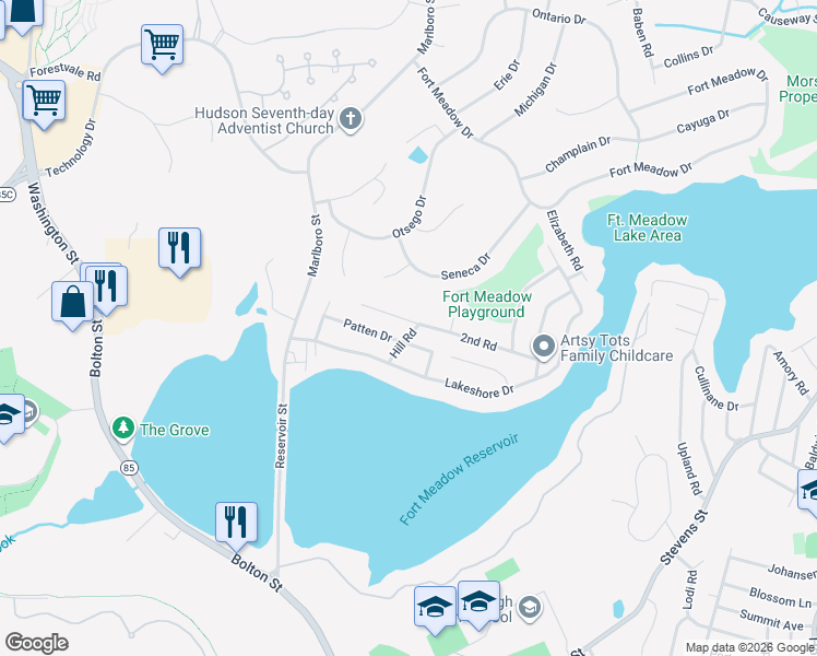 map of restaurants, bars, coffee shops, grocery stores, and more near 36 Hill Road in Marlborough