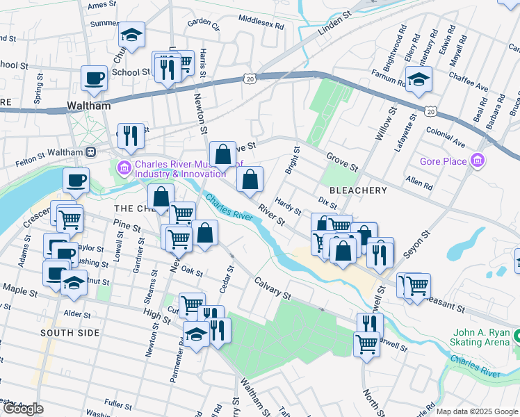 map of restaurants, bars, coffee shops, grocery stores, and more near 238 River Street in Waltham