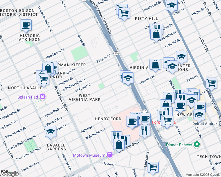 map of restaurants, bars, coffee shops, grocery stores, and more near 1209 Virginia Park Street in Detroit