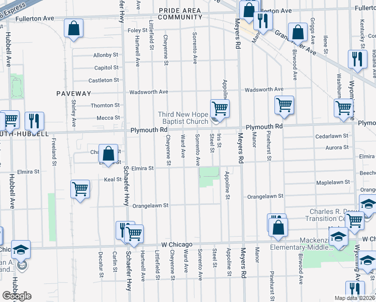 map of restaurants, bars, coffee shops, grocery stores, and more near 11381 Sorrento Avenue in Detroit