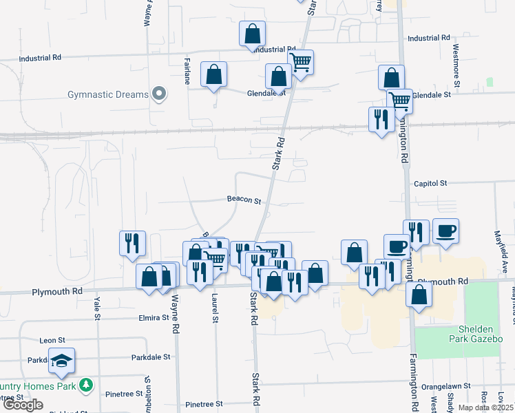 map of restaurants, bars, coffee shops, grocery stores, and more near 12001 Stark Rd in Livonia
