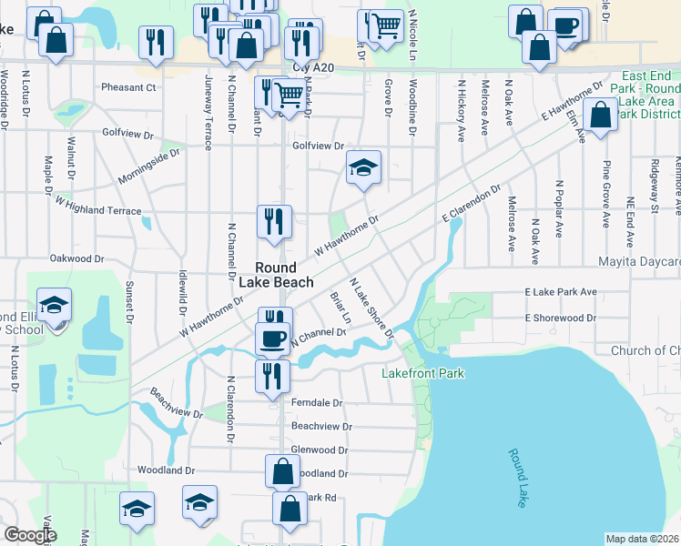 map of restaurants, bars, coffee shops, grocery stores, and more near 134 West Clarendon Drive in Round Lake Beach