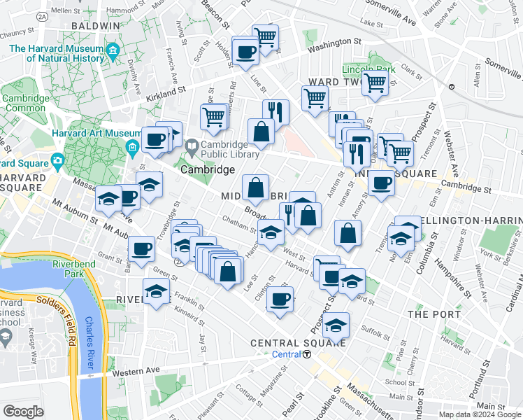 map of restaurants, bars, coffee shops, grocery stores, and more near 393 Broadway in Cambridge