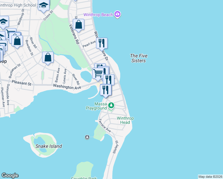 map of restaurants, bars, coffee shops, grocery stores, and more near 29 Underhill Street in Winthrop