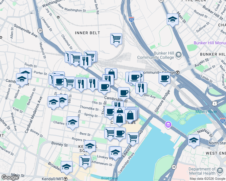 map of restaurants, bars, coffee shops, grocery stores, and more near in Cambridge