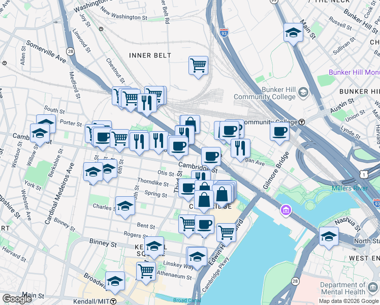 map of restaurants, bars, coffee shops, grocery stores, and more near in Cambridge