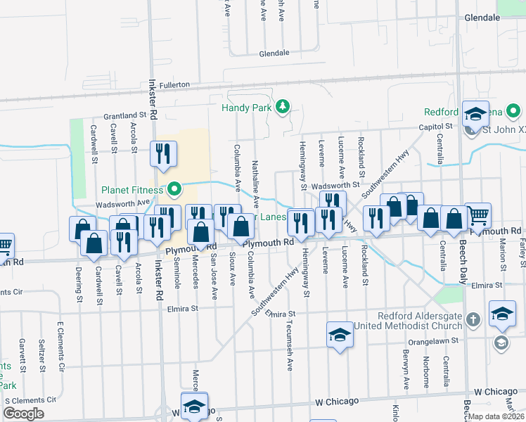 map of restaurants, bars, coffee shops, grocery stores, and more near 11770 Nathaline in Redford Charter Township