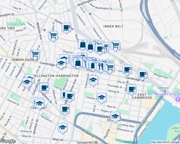 map of restaurants, bars, coffee shops, grocery stores, and more near 621 Cambridge Street in Cambridge