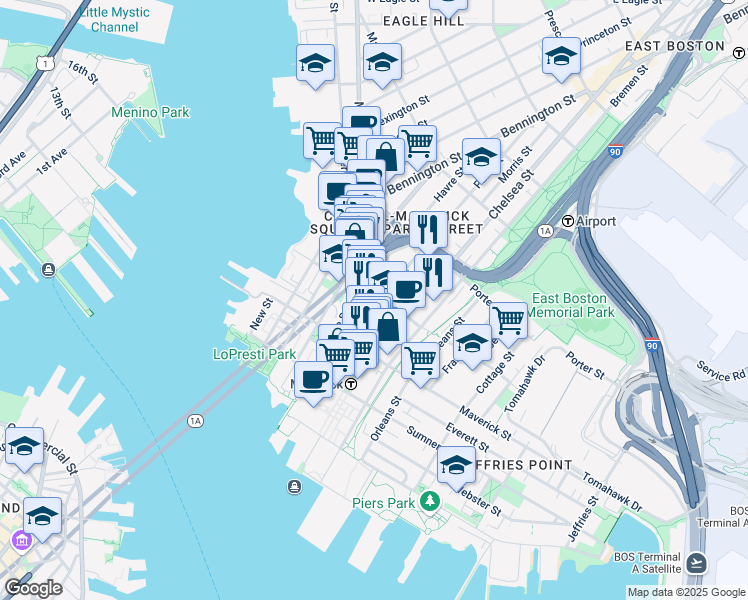 map of restaurants, bars, coffee shops, grocery stores, and more near 86 Paris Street in Boston
