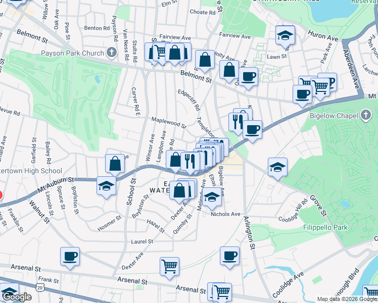 map of restaurants, bars, coffee shops, grocery stores, and more near 11 Appleton Street in Watertown