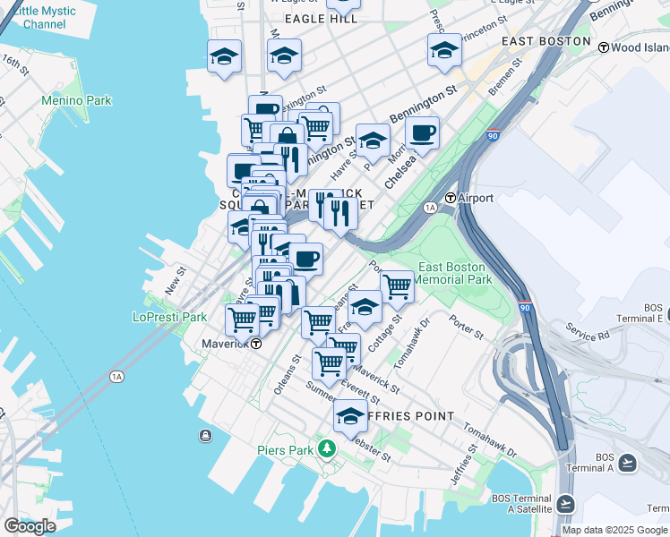 map of restaurants, bars, coffee shops, grocery stores, and more near 142 Bremen Street in Boston