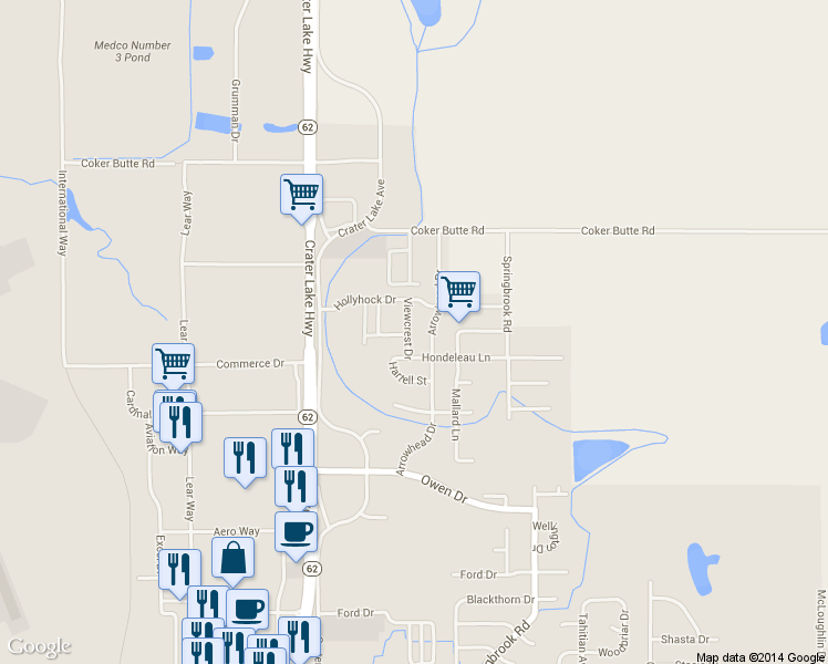 map of restaurants, bars, coffee shops, grocery stores, and more near 3877 Arrowhead Drive in Medford