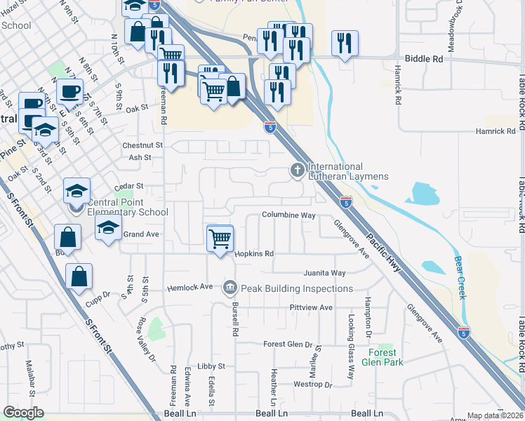 map of restaurants, bars, coffee shops, grocery stores, and more near 783 Columbine Way in Central Point