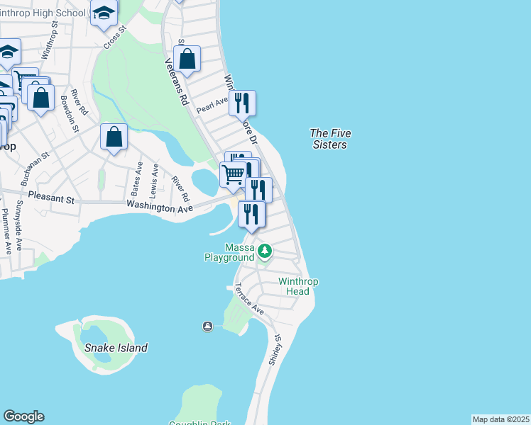 map of restaurants, bars, coffee shops, grocery stores, and more near 29 Underhill Street in Winthrop