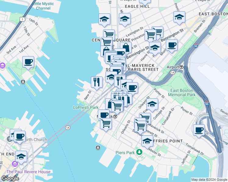 map of restaurants, bars, coffee shops, grocery stores, and more near 89 London Street in Boston