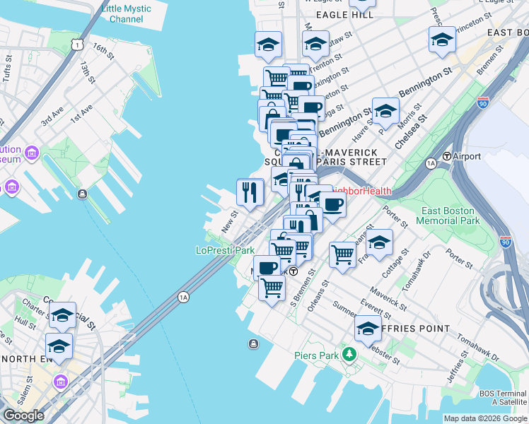 map of restaurants, bars, coffee shops, grocery stores, and more near 72 Liverpool Street in Boston