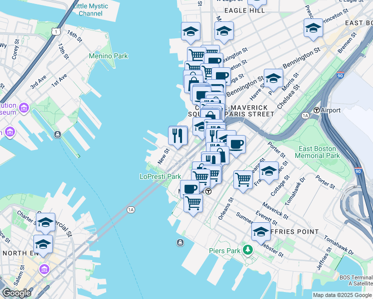 map of restaurants, bars, coffee shops, grocery stores, and more near 72 Liverpool Street in Boston