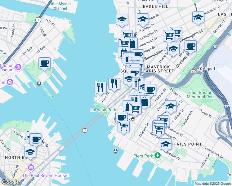 map of restaurants, bars, coffee shops, grocery stores, and more near 72 Liverpool Street in Boston