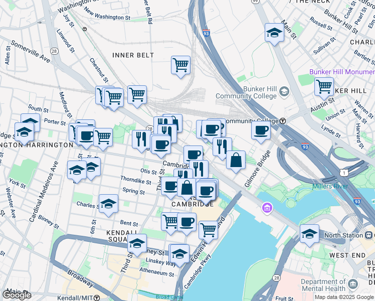 map of restaurants, bars, coffee shops, grocery stores, and more near 169 Monsignor O'Brien Highway in Cambridge