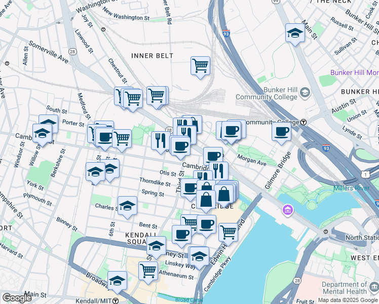 map of restaurants, bars, coffee shops, grocery stores, and more near in Cambridge