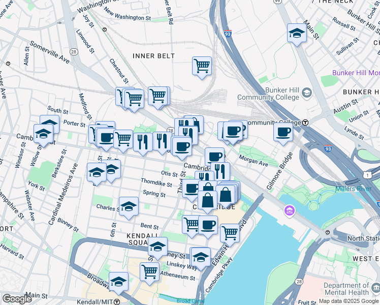 map of restaurants, bars, coffee shops, grocery stores, and more near in Cambridge