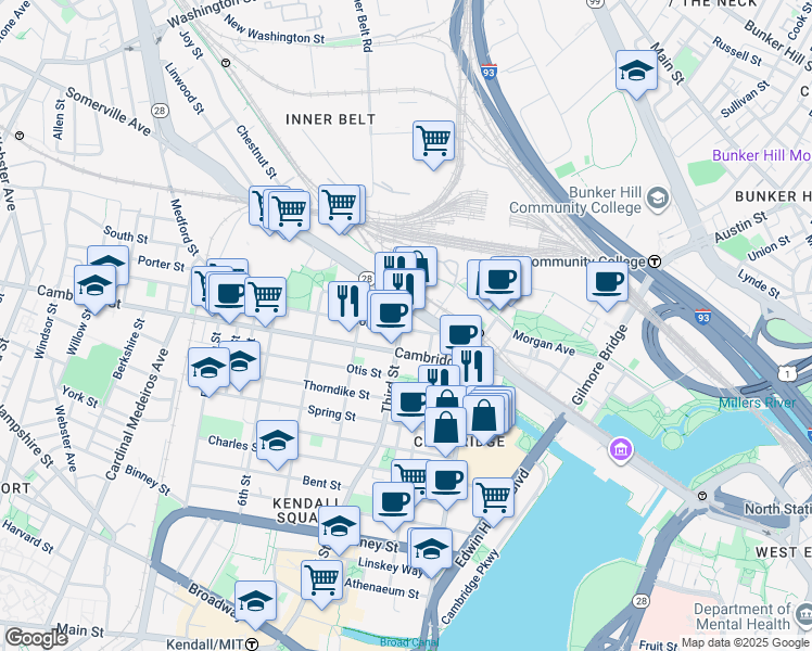 map of restaurants, bars, coffee shops, grocery stores, and more near in Cambridge