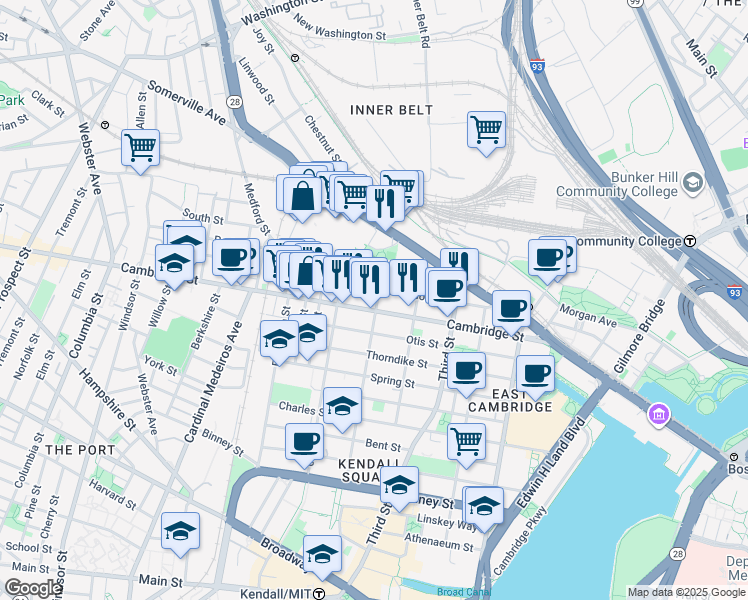 map of restaurants, bars, coffee shops, grocery stores, and more near in Cambridge