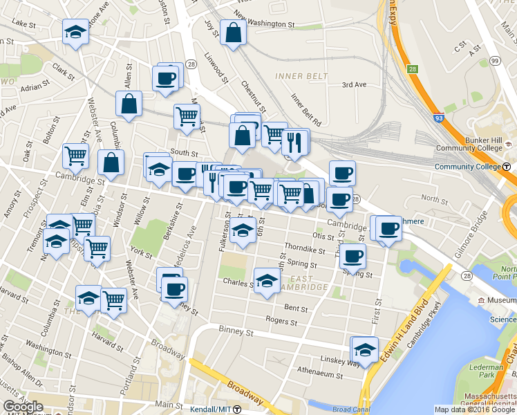 map of restaurants, bars, coffee shops, grocery stores, and more near 9 6th Street in Cambridge