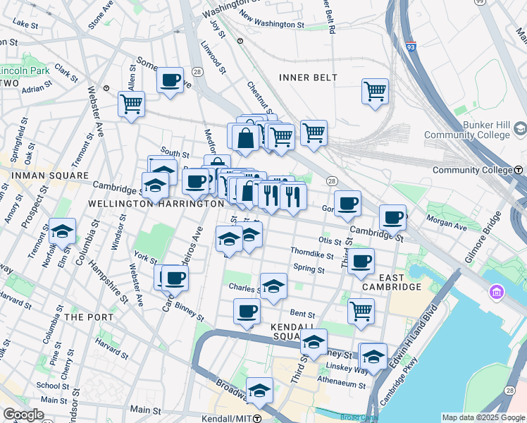 map of restaurants, bars, coffee shops, grocery stores, and more near 9 6th Street in Cambridge