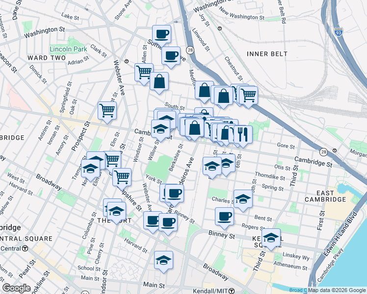 map of restaurants, bars, coffee shops, grocery stores, and more near 746 Cambridge Street in Cambridge