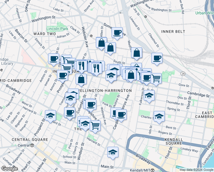 map of restaurants, bars, coffee shops, grocery stores, and more near 3 Palermo Street in Cambridge