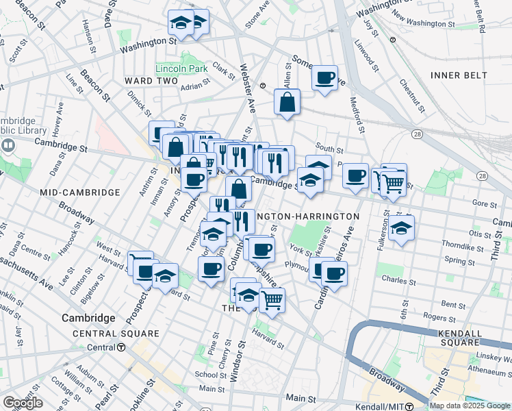 map of restaurants, bars, coffee shops, grocery stores, and more near 361 Columbia Street in Cambridge