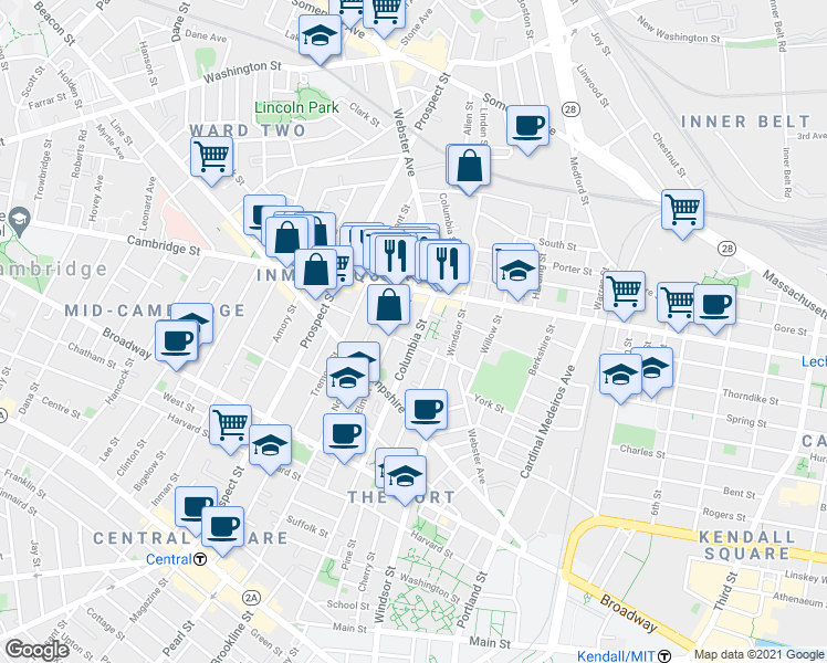 map of restaurants, bars, coffee shops, grocery stores, and more near 361 Columbia Street in Cambridge