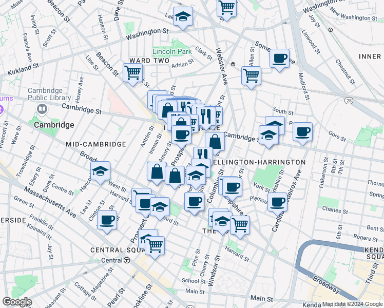 map of restaurants, bars, coffee shops, grocery stores, and more near 171 Hampshire Street in Cambridge