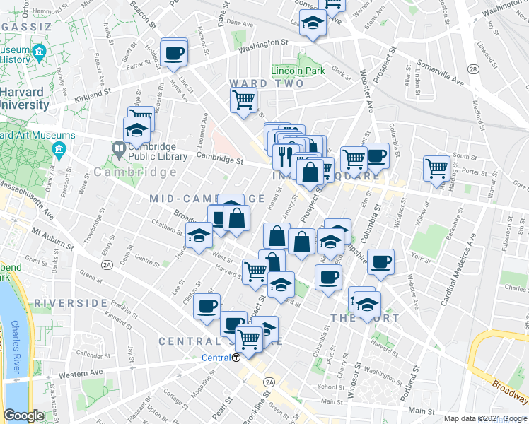 map of restaurants, bars, coffee shops, grocery stores, and more near 104 Inman Street in Cambridge