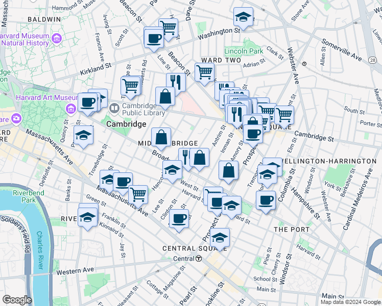 map of restaurants, bars, coffee shops, grocery stores, and more near 18 Maple Avenue in Cambridge