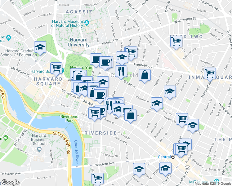 map of restaurants, bars, coffee shops, grocery stores, and more near 4 Trowbridge Place in Cambridge