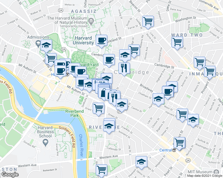 map of restaurants, bars, coffee shops, grocery stores, and more near 4 Trowbridge Place in Cambridge