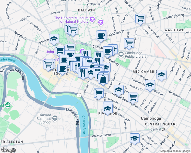 map of restaurants, bars, coffee shops, grocery stores, and more near in Cambridge
