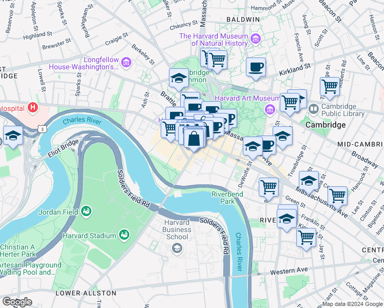 map of restaurants, bars, coffee shops, grocery stores, and more near 59 John F. Kennedy Street in Cambridge