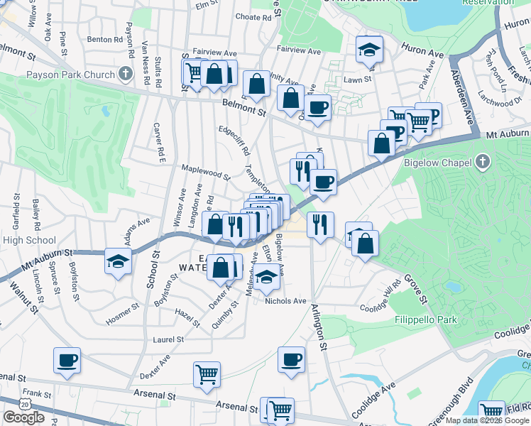 map of restaurants, bars, coffee shops, grocery stores, and more near 22 Kimball Road in Watertown