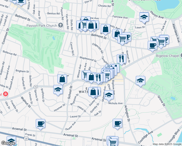 map of restaurants, bars, coffee shops, grocery stores, and more near 13 Appleton Terrace in Watertown
