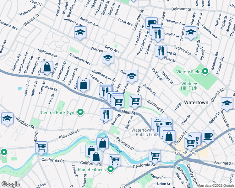 map of restaurants, bars, coffee shops, grocery stores, and more near 54 Westminster Avenue in Watertown